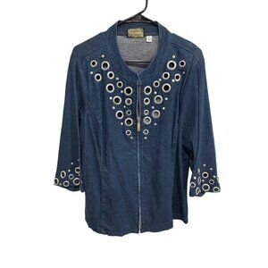 Bob Mackie Wearable Art Denim Jacket Blue Sz XL 3/4 Sleeve Grommet Embellished